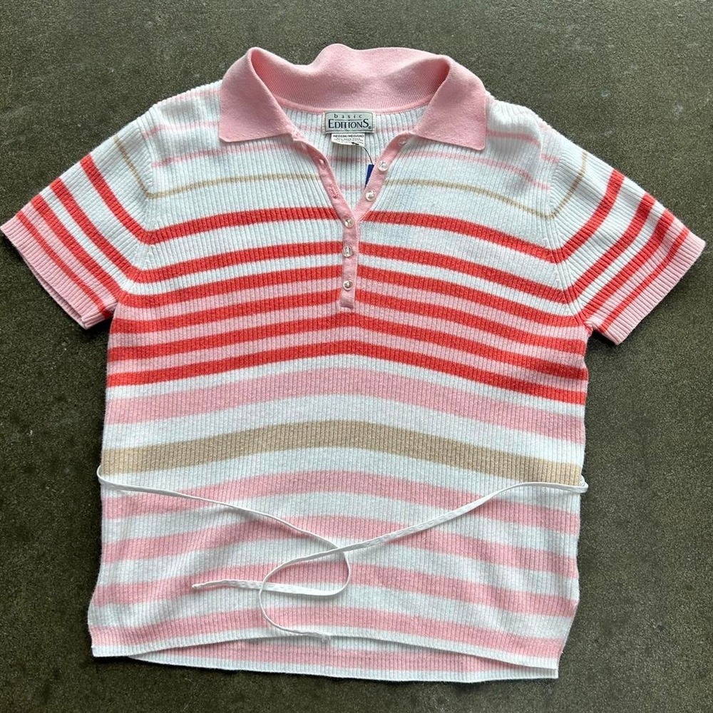 Vintage basic editions striped ribbed preppy women's small collared polo shirt